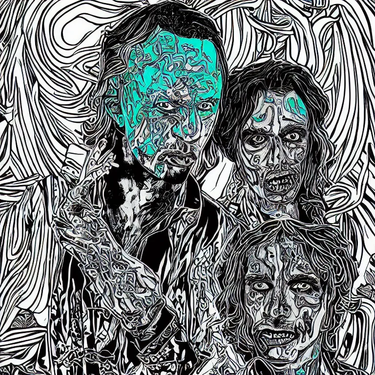 Image similar to beautiful colorful hyperrealist highly detailed psychedelic blacklight poster'zombie darryl hall and john oates ', psychedelic art nouveau, beautiful high contrast colored wood engraving, moebius comic style, shocking detail trending on artstation 8 k