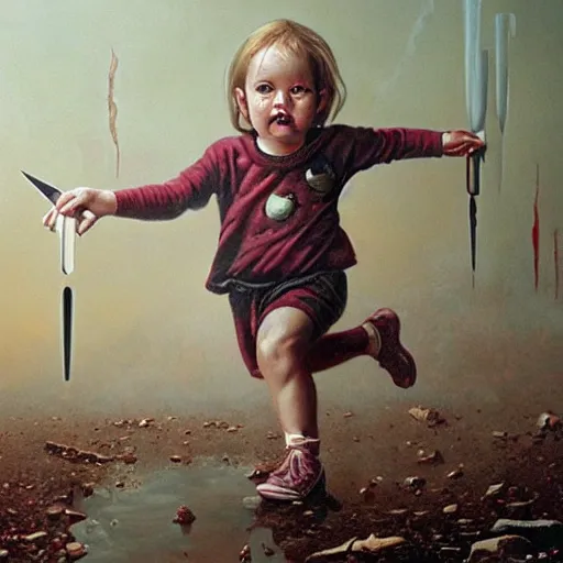 Prompt: a disappearing running child holding scissors in hand disappears evaporates dissolves into vapor, mist, smoke, blood drops and spatter, a detailed matte painting by John Philip Falter and Jason Edmiston