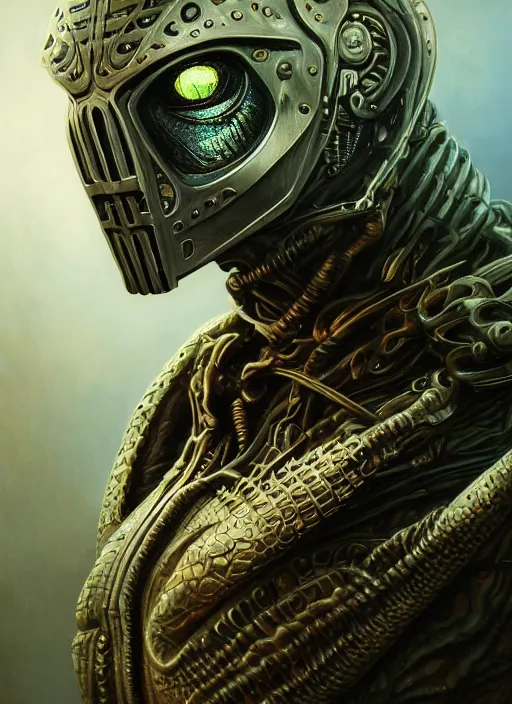 Image similar to cybernetic dj mf doom reptile eyes, metal colorful skin. intricate, elegant, highly detailed, centered, digital painting, artstation, concept art, smooth, sharp focus, illustration, artgerm, tomasz alen kopera, peter mohrbacher, donato giancola, joseph christian leyendecker, wlop, frank frazetta
