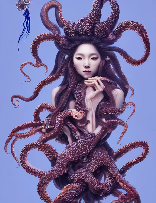 Image similar to 3 d goddess octopus half - turn portrait with long hair with ram skull. beautiful intricately detailed japanese crow kitsune mask and clasical japanese kimono. betta fish, jellyfish phoenix, bio luminescent, plasma, ice, water, wind, creature, artwork by tooth wu and wlop and beeple and greg rutkowski