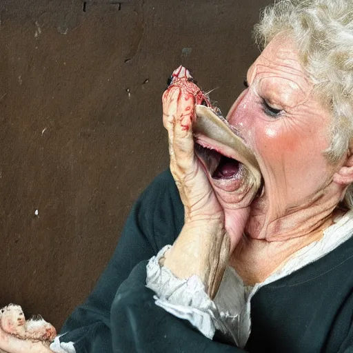 Image similar to an old woman swallowing a spider