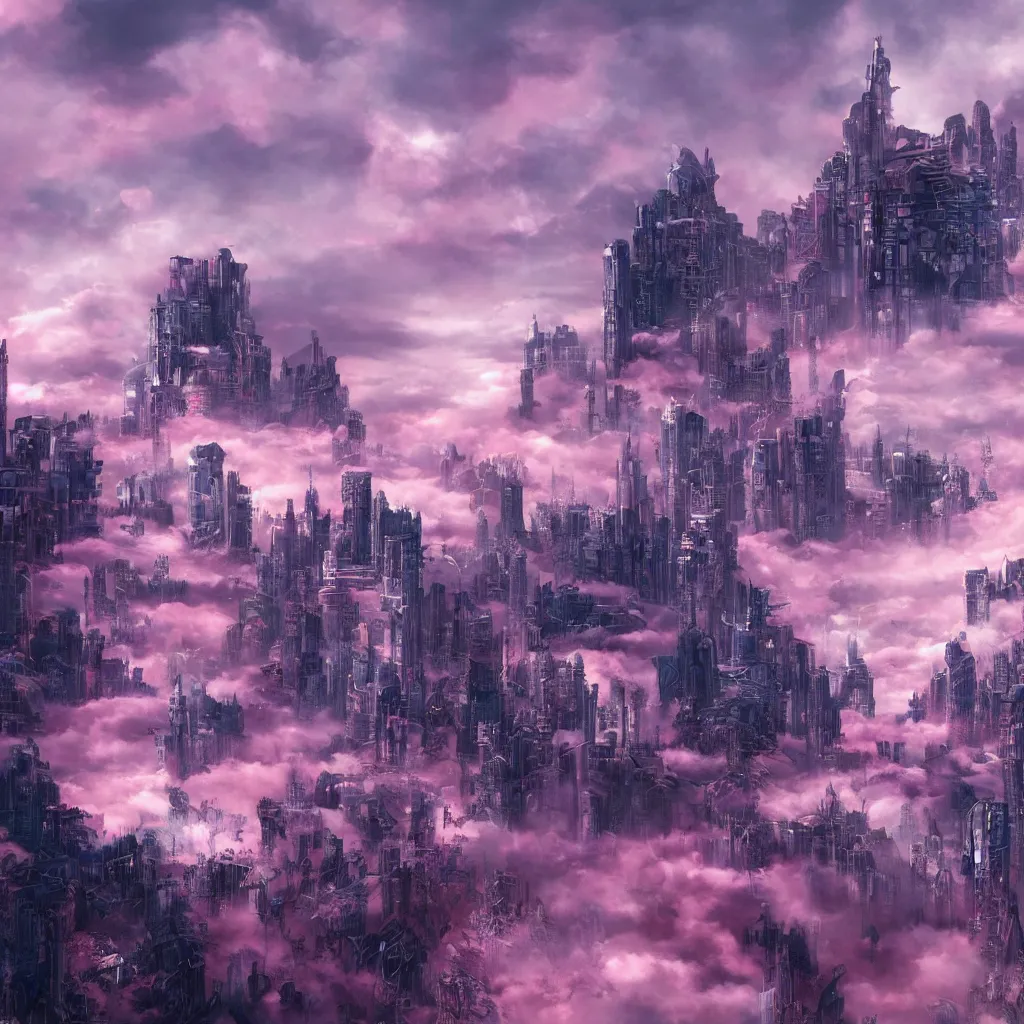 Prompt: 15081959 21121991 01012000 4k, highly detailed, sharp focus , fantasy city, futuristic cyberpunk, pink clouds