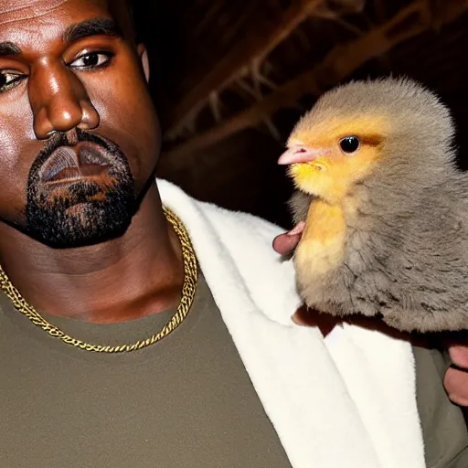 Prompt: kanye west in a farm holding up a baby chick extremely close to the camera, almost touching the lens. photograph extremely close wide - angle lens