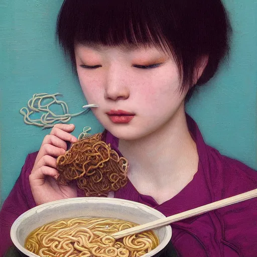 Prompt: girl eating ramen, portrait face, colorful, frantisek kupka, intricate, miles johnston, kuroda seiki, cynical realism, ozabu, john william godward, painterly, yoshitaka amano, moebius, miles johnston, louise zhang, james jean, mark ryden lowbrow pop surrealism art style