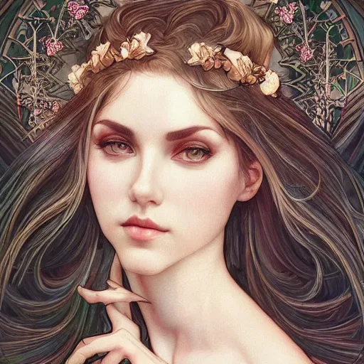 Image similar to a photograpic portrait of a pretty woman, spacepunk, fantasy, intricate, elegant, highly detailed, digital painting, artstation, concept art, smooth, sharp focus, illustration, art by artgerm and H R Giger and alphonse mucha