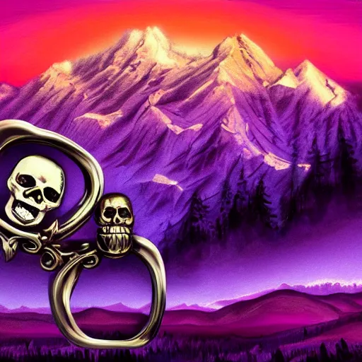 Image similar to a giant, stunning belt with a skull on it, huge mountain, purple sky, hyper - detailed digital painting