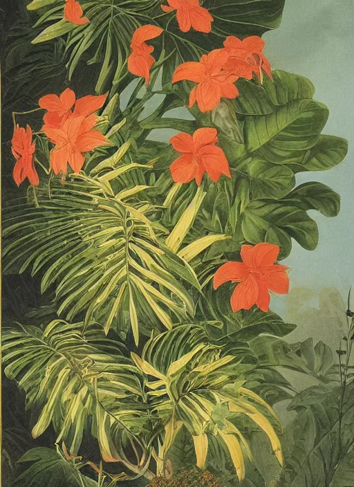 Prompt: tiger, tropical plants, botanical, large exotic flowers, biology, realistic, painted by john audubon