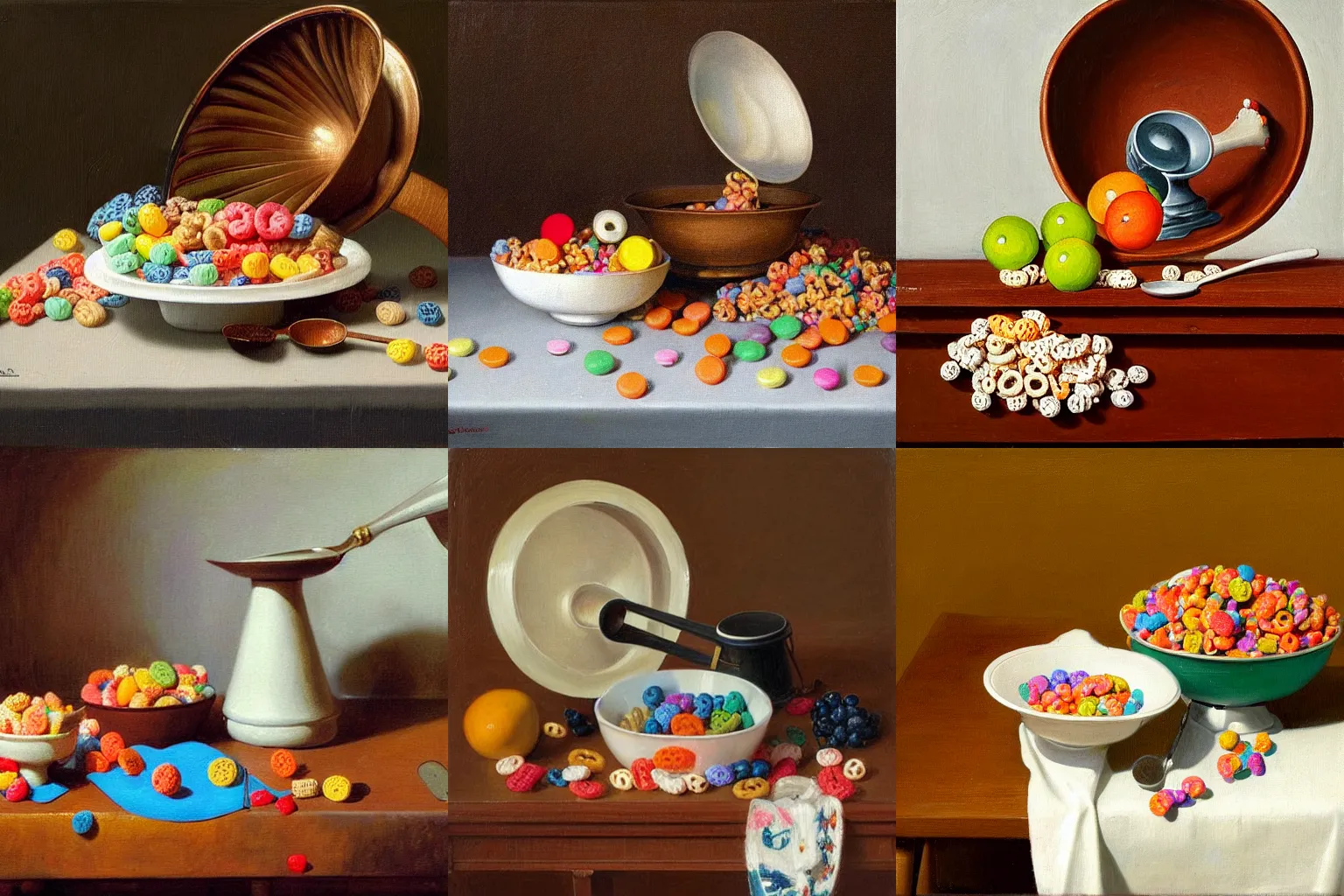 Prompt: a still life painting by Kenne Gregoire of a wooden table with a white ceramic bowl of fruit loops cereal and milk, there is a spoon and a gramophone