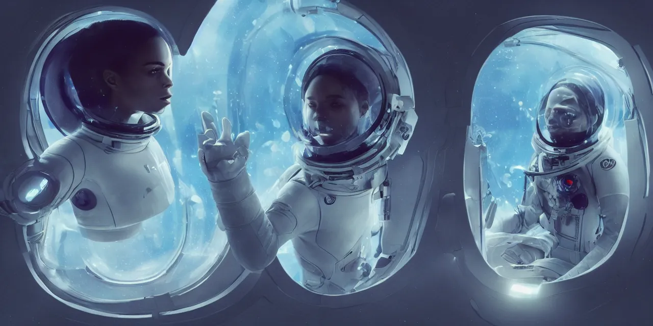 Image similar to Zoe Kravitz futuristic astronaut, inside large window of ship, spacesuit with small led lights, underwater in the ocean at night, clear water, bubbles, volumetric lighting, glowing lights, 4k, octane, digital painting, artstation, concept art, sharp focus, illustration, high contrast, high saturation , cinematic film still, art by artgerm and greg rutkowski and alphonse mucha , wide angle view,