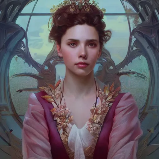 Image similar to ultra realistic illustration, scarlett estevez as president, intricate, elegant, highly detailed, digital painting, artstation, concept art, smooth, sharp focus, illustration, art by artgerm and greg rutkowski and alphonse mucha