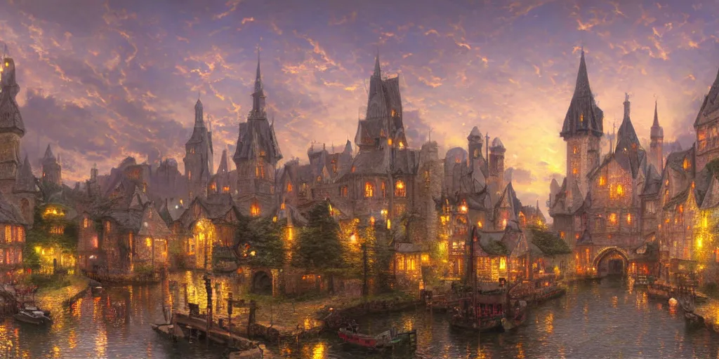 Prompt: beautiful medieval city by thomas kinkade, trending on artstation