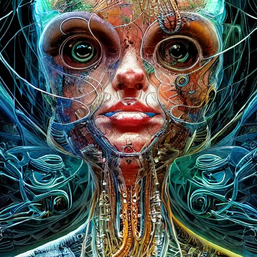Image similar to beautifully stunning biopunk woman_integrating_with_technology_full_face_insipiring_detailed_intricate_ornate_cables_connected_to_head_big_open_electric_eyes_ the_singulairty is now by android jones