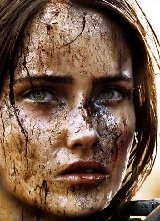 Image similar to a film still of lara croft as cop, her face muddy and sweat, direct sun light, close up potrait, cinematic,