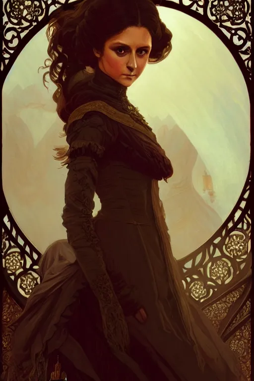 Image similar to Nina Dobrev dressed in a victorian fashion, D&D, fantasy, intricate, elegant, highly detailed, digital painting, artstation, concept art, matte, sharp focus, illustration, art by Artgerm and Greg Rutkowski and Alphonse Mucha