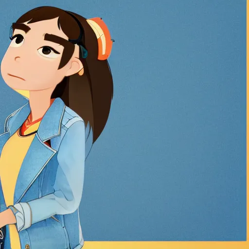 Image similar to upper half portrait, of a anthropomorphic asian girl wearing a denim jacket, in the style of zootopia, far shot, 5 feet away