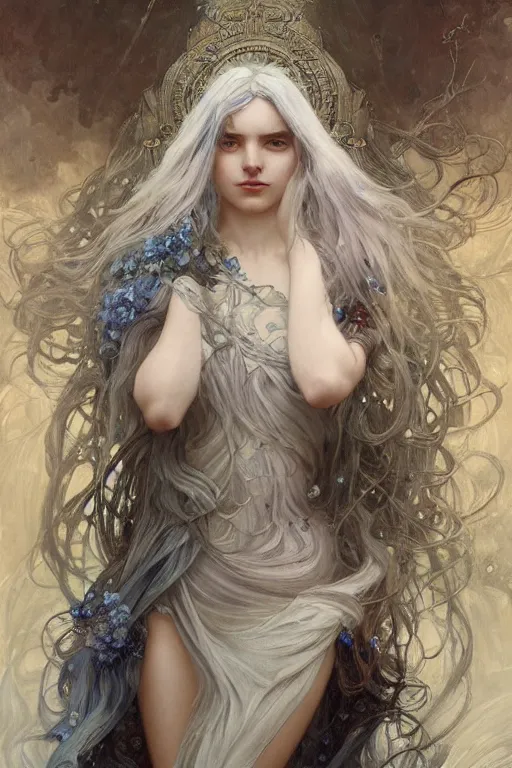 Prompt: goddess of thunderstorm, silver hair, ice eyes, fair skin, lightly dressed, fantasy, intricate, highly detailed, digital painting, artstation, concept art, smooth, sharp focus, art by Artem Demura and Alphonse Mucha, ArtGerm, valentina remenar, ruan jia