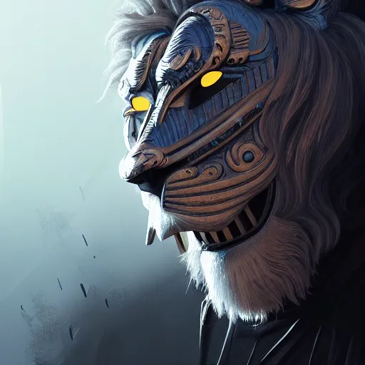 Image similar to Very very very very highly detailed epic zoom out photo of full face with lion robber venetian mask, intricate, dystopian, sci-fi, extremely detailed, digital painting, artstation, concept art, smooth, sharp focus, illustration, intimidating lighting, incredible art by Artgerm and Vincent di Fate