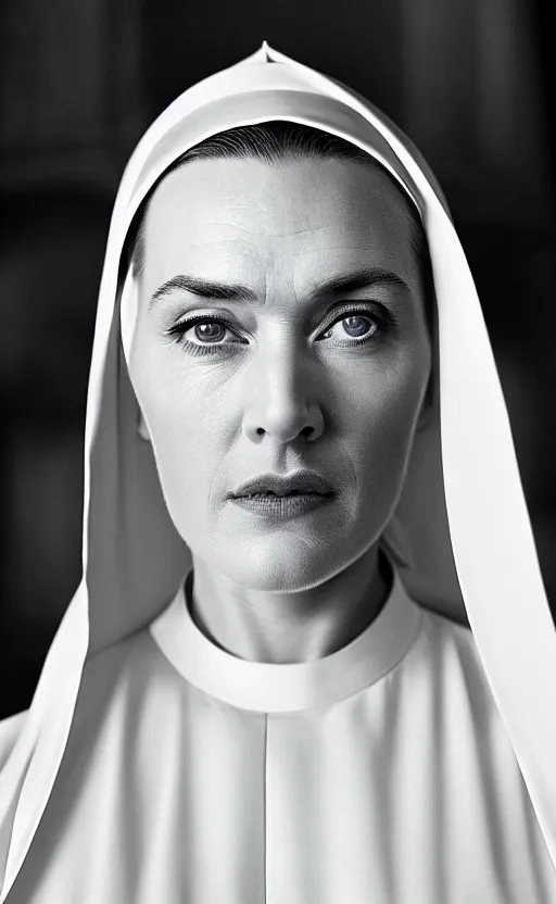 Image similar to kate winslet as a nun, intricate, cinematic lighting, highly detailed, canon 3 5 mm photography, horizontal symmetry, smooth, sharp focus