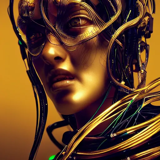 Image similar to portrait of an evil beautiful woman, marble skin, black and gold wires, high - tech, cyberpunk, by kim jung gi, irakli nadar, intricate linework, bright colors, octane render,