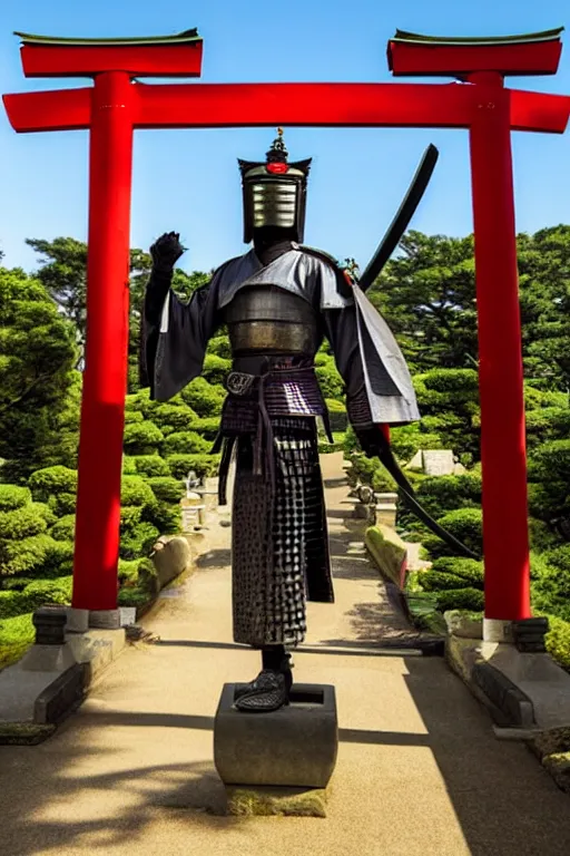 Image similar to a godlike and indomitable helmeted samurai wielding their Odachi before a large Torii gate, the rising sun in the background. Photo realistic. Award winning