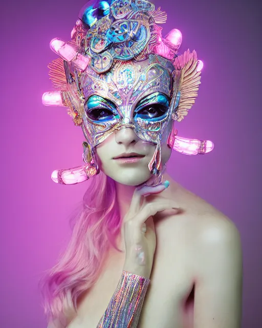 Image similar to natural light, soft focus portrait of a android with soft synthetic pink skin, blue bioluminescent plastics, smooth shiny metal, elaborate ornate head piece, piercings, venetian mask, skin textures, by annie liebovotz, paul lehr,