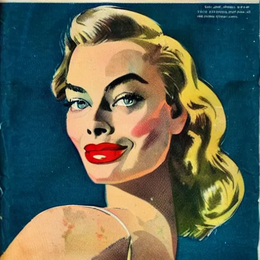 Image similar to “Margot Robbie portrait, color vintage magazine illustration 1950”