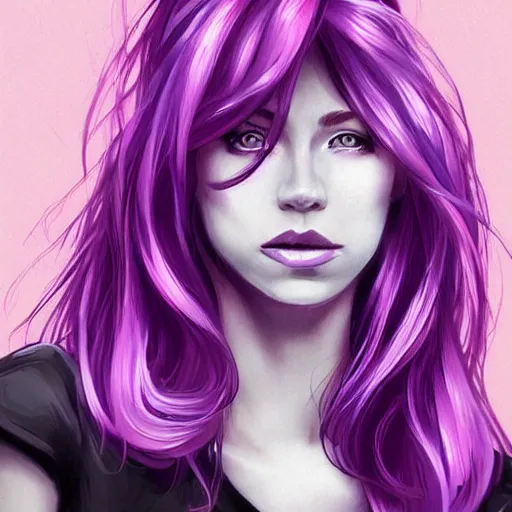 Image similar to a stunning upper body portrait of a beautiful woman with purple pink hair blowing in the wind by marvel comics, digital art, trending on artstation