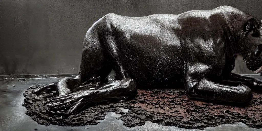 Image similar to a black lioness made of tar, bathing inside the bathtub full of tar, laying on their back, dripping ferrofluid, drooling ferrofluid. dslr, photography, realism, animal photography, modern bathroom, photorealistic, v - ray, goo, tar