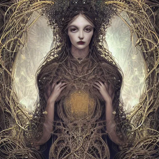 Prompt: human portrait, ethereal, face, crystal, intrincate, cgsociety, devianart, ornate, maximalist, fine art, golden details, carved, tarot card enviroment, rococo, baroco, fractal backgroud, wrapped in vines and wires