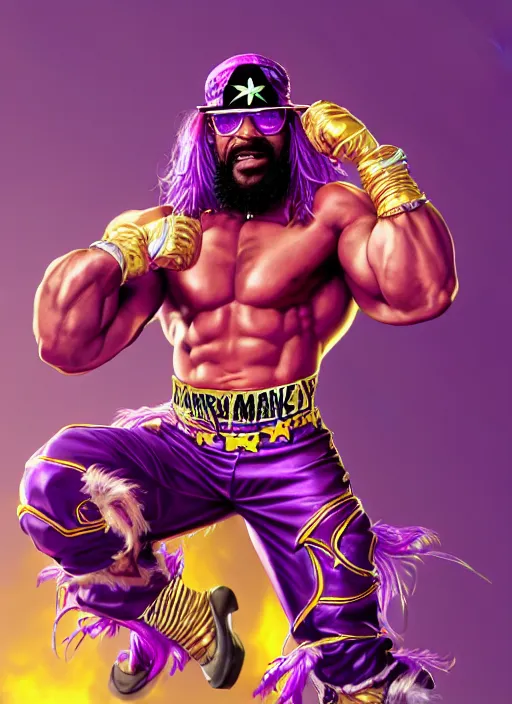 Image similar to macho king randy savage, wide angle view, gold and purple color scheme, highly detailed, artgerm, cushart krenz, king of fighters style, trending on artstation, soft light, sharp focus, illustration, character design, concept art