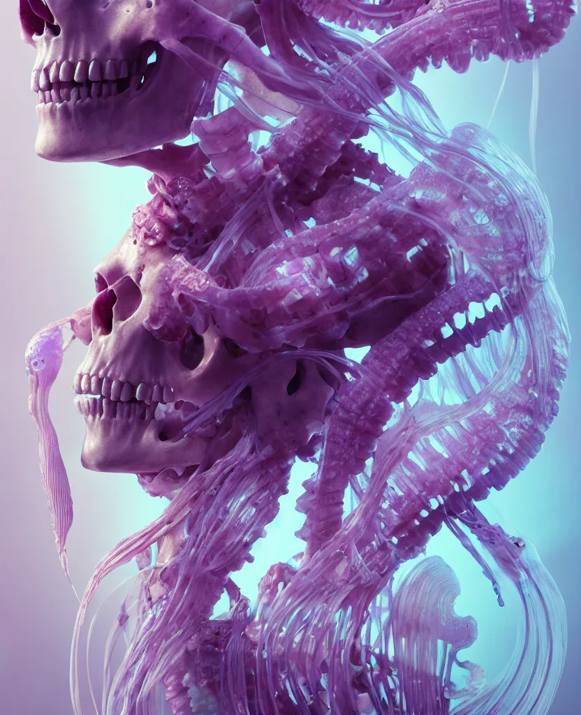 Image similar to goddess close - up portrait human skeleton, ram skull, jellyfish, orchid, betta fish, bioluminiscent, intricate artwork by tooth wu and wlop and beeple. octane render, trending on artstation, greg rutkowski very coherent symmetrical artwork. cinematic, hyper realism, high detail, octane render, 8 k