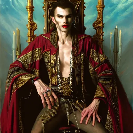 Image similar to perfectly centered portrait of attractive vampire king in a robe sitting on a throne of bones, highly detailed painting by gaston bussiere, craig mullins, j. c. leyendecker, 8 k