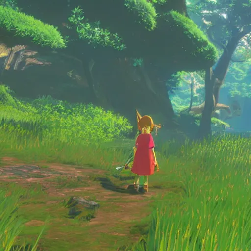 Image similar to of forest fairy kingdom, beautiful landscape, wide angle, by miyazaki, nausicaa ghibli, breath of the wild.