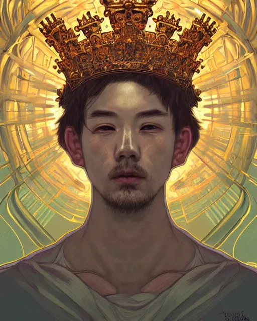 Prompt: symmetrical, centered, young and handsome god close - up portrait wigh crown made of skulls. artwork by tooth wu and wlop and alena aenami and alphonse mucha, brian froud, pablo amaringo