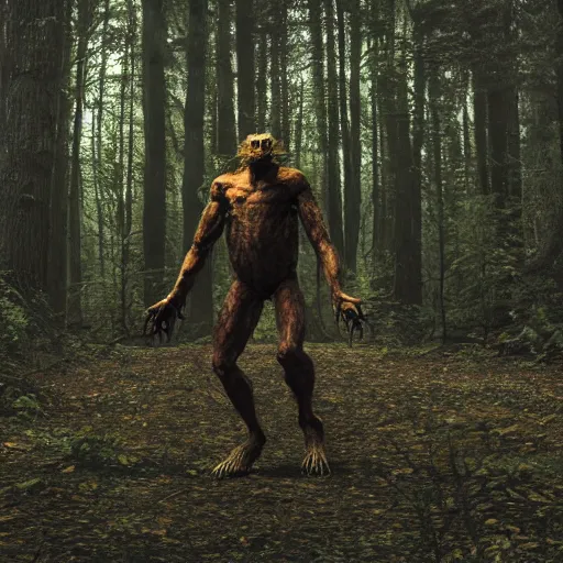 Prompt: a humanoid monster emerging from a forest-n 9