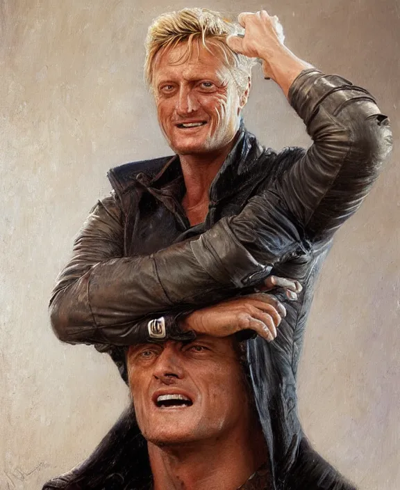 Prompt: portrait of rutger hauer, joyful, highly detailed painting by gaston bussiere, craig mullins, j. c. leyendecker 8 k,