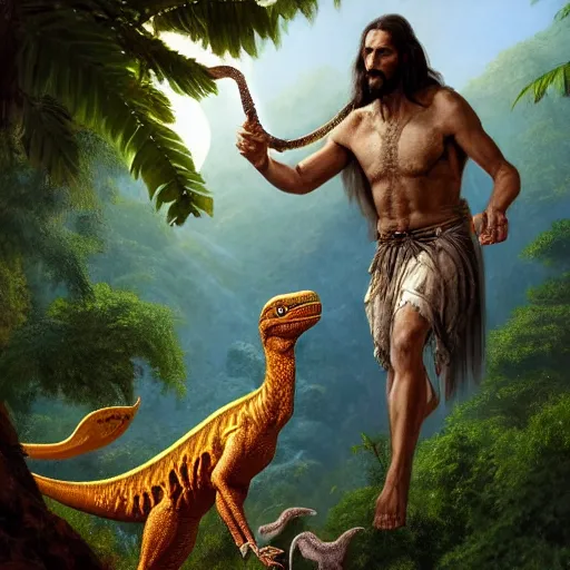 Image similar to a detailed matte painting of a ridiculously good looking jesus who is exploring the prehistoric jungle with his pet velociraptor, elegant ancient greek dress, jungle as the background, very detailed, beautiful, intricate, art by greg rutkowski and robert e howard, octane render