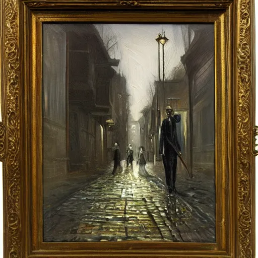 Prompt: oil painting of a man walking down a Victorian street, wearing cursed wrappings, with a mage staff, by H P Lovecraft