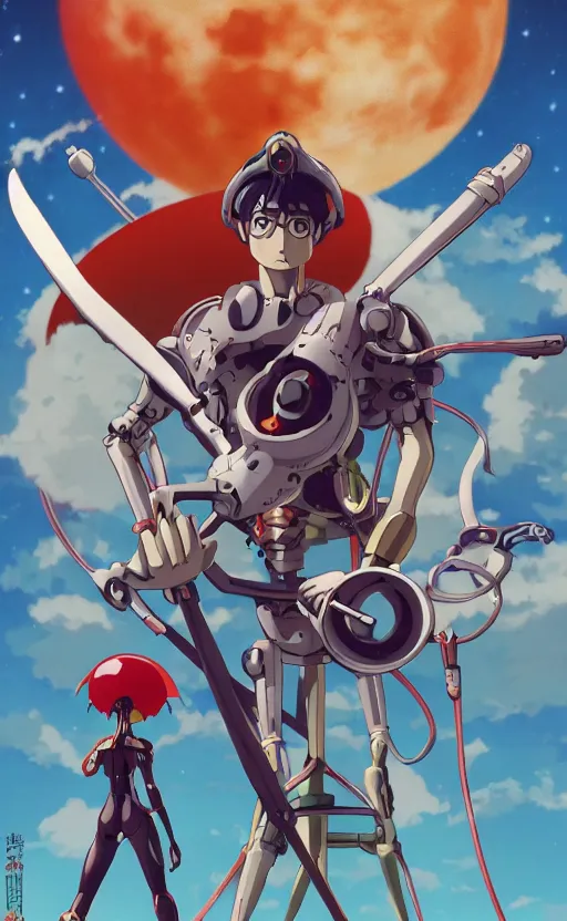 Image similar to evangelion with a mechanical moon lute in its arms, movie poster, 3 d anime, arcane style, retropunk, steampunk, high resolution, 4 k, retrofuturism, studio ghibli, simon stalenhag