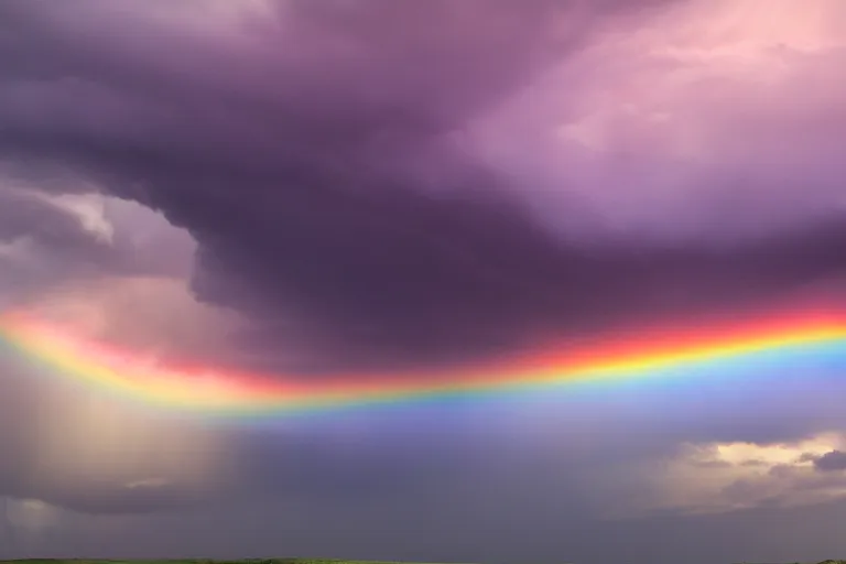 Image similar to a photo of a supercell thunderstorm, rainbow hue, illuminated from various angles by the setting sun, cinematic, mystic hue clouds, breathtaking clouds