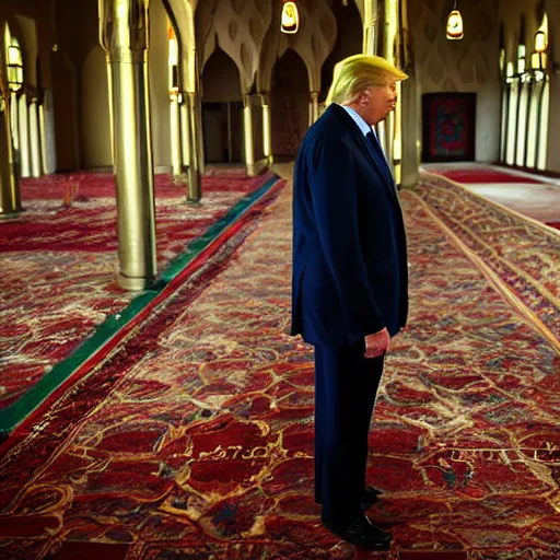 Image similar to Trump praying in mosque, award winning cinematic photography, 50 mm, blurred background, perfect faces