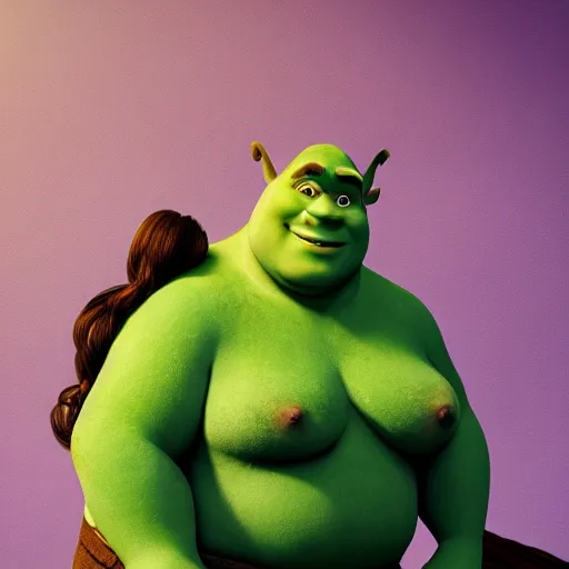 Prompt: big curvy woman sitting in shrek's arms, super realistic, super detailed, high octane, photorealistic, rendering 8 k, 8 k octane, unreal engine,