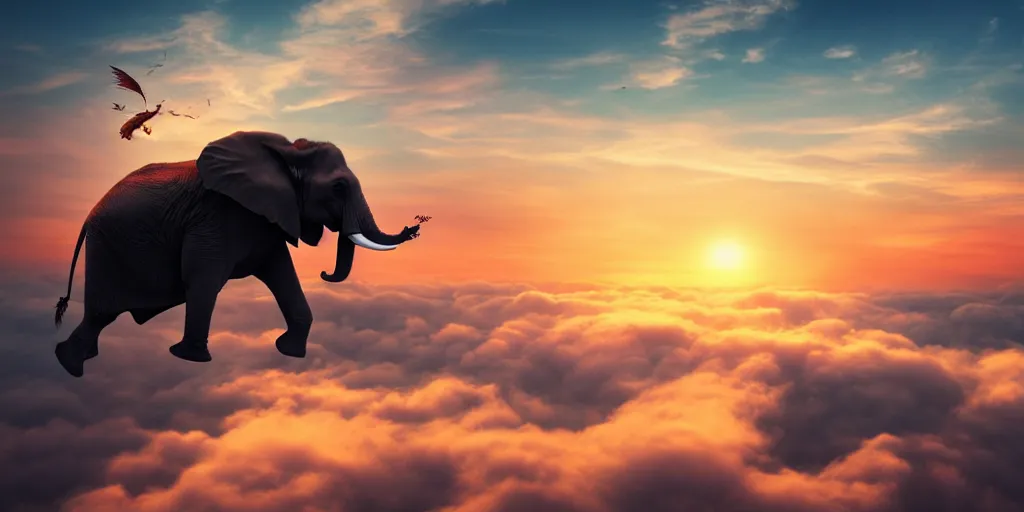 Image similar to an elephant flying over the clouds, sunset, moody, anime, cyberpunk