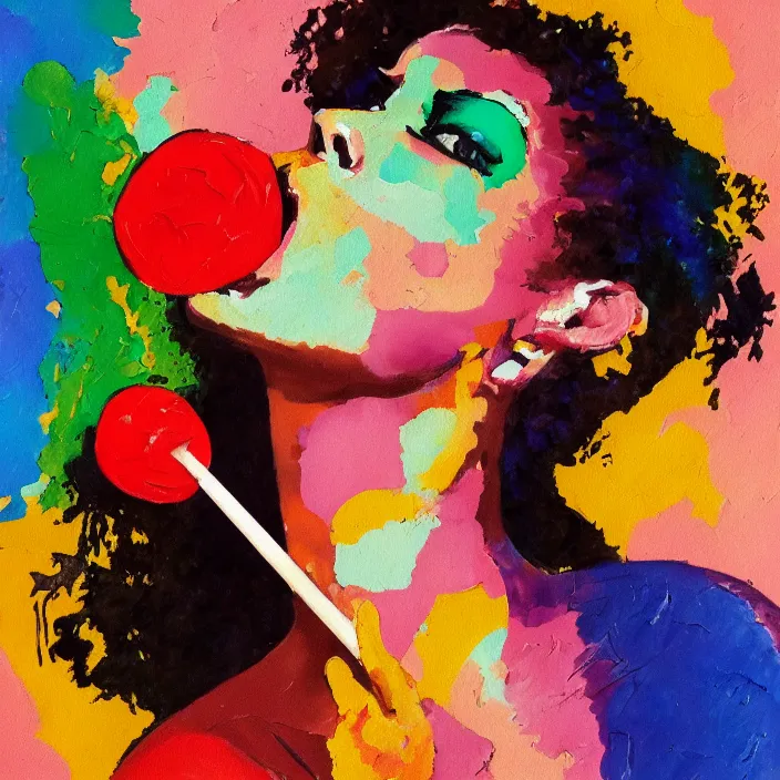 Image similar to portrait of beautiful woman licking a lollipop painted with colorful gouache impasto