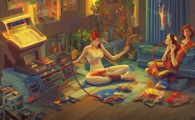 Image similar to Smooth. in the style of Close Highly detailed masterpiece professional artistry Sega, Namco, Neogeo, Capcom artist's Pixel-art. Trending on artstation. Slice-of-life genre art. Balanced colors and lighting scheme by James Gurney and artgerm. In the style of a 'Music to chill/study' to youtube video. Character sitting and relaxing in front of their work desk in their cozy room as a peaceful scene is seen through the room's window.