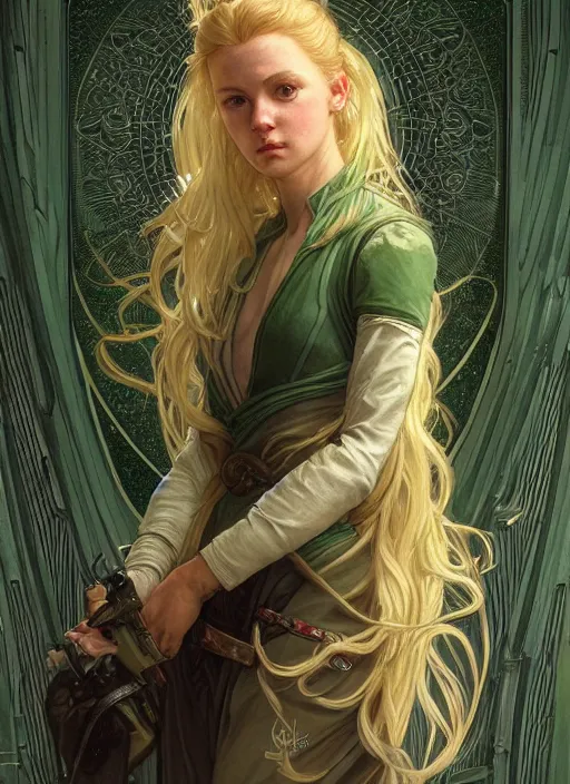 Image similar to a young april with a mischievous face and extremely long blonde wavy hair dressed in a green pale mechanic suit, she is a jedi, intricate detailed face, artgerm, greg rutkowski, alphonse mucha