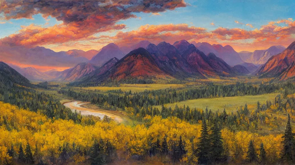 Image similar to The most beautiful panoramic landscape, oil painting, where the mountains are towering over the valley below their peaks shrouded in mist. The sun is just peeking over the horizon producing an awesome flare and the sky is ablaze with warm colors and cirrus clouds. The river is winding its way through the valley and the trees are starting to turn yellow and red, by Greg Rutkowski, aerial view