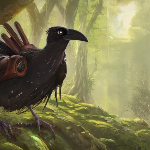 Image similar to concept art painting of an anthropomorphic humanoid steampunk crow, in the deep forest, realistic, detailed, cel shaded, in the style of makoto shinkai and greg rutkowski and james gurney