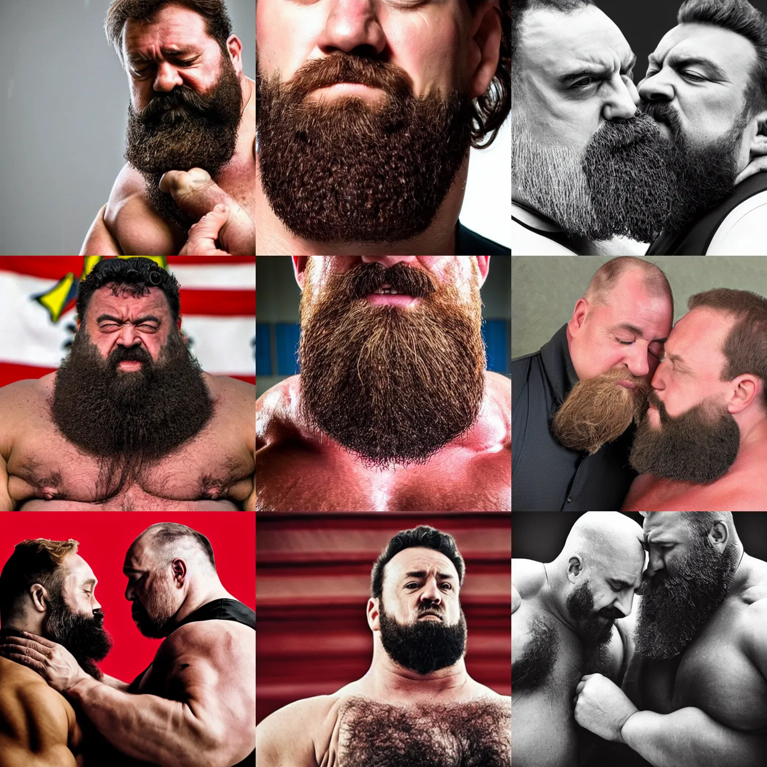 Prompt: strongmen, neck kissing, beard