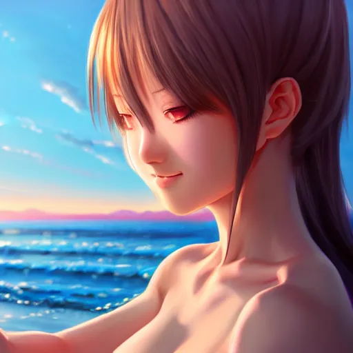 Image similar to beautiful serene intricate very detailed portrait of a realistic anime girl taking a selfie, smiling softly, wearing casual clothes, relaxing on the beach, golden hour, soft focus, 8 k, art by irakli nadar, hyperrealism, hyperdetailed, ultra realistic